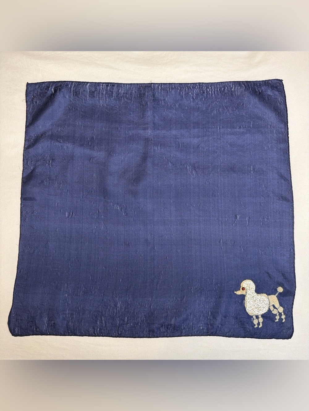 Navy Blue Embroidered Poodle Silk-Feel Scarf